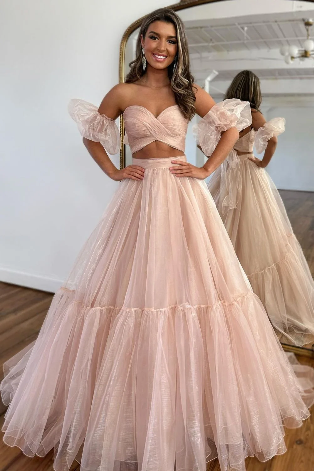 Two Pieces Sweetheart Formal Evening Dresses Tulle Pleated Corset Prom Gowns Back Lace-up Sleeveless Backless A-line Long Gowns