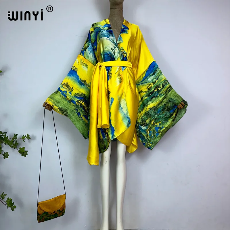 

WINYI Kimono Bohemian Bikini Cover-ups Three-piece coat belt bag Dress Women Summer Dress beach outfits for women robe