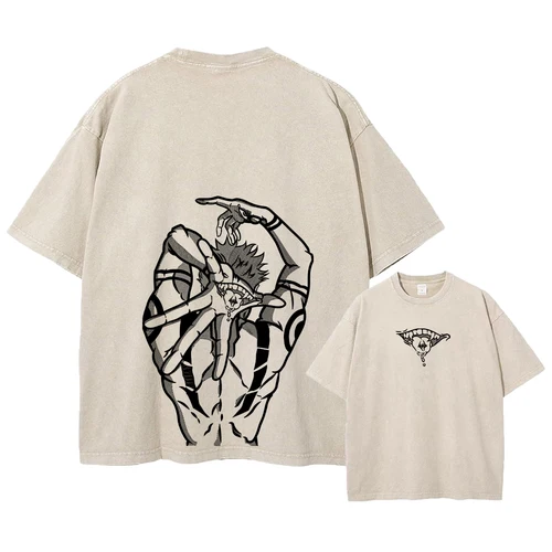 Imagen 2 del producto Ropa informal con estampado de Anime, camiseta lavada Vintage para hombre, camisetas con estampado gráfico de Manga Harajuku Gojo, camisetas con lavado ácido, camiseta de gran tamaño