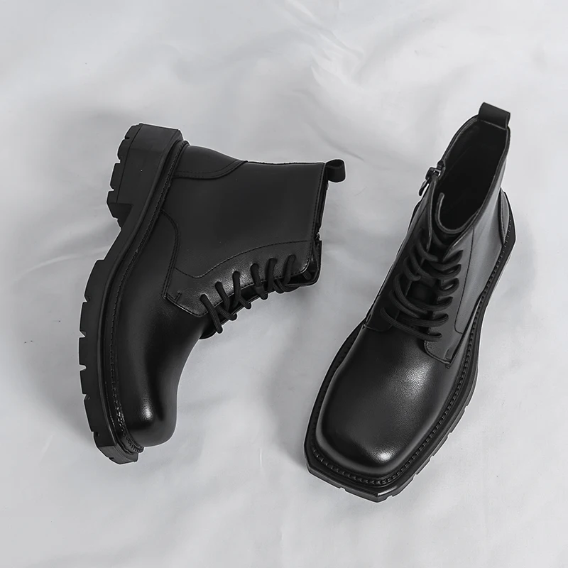 Free Shipping Women Classic Square Toe Boots Side Zipper Platform Leather Footwear, Customer Favorite