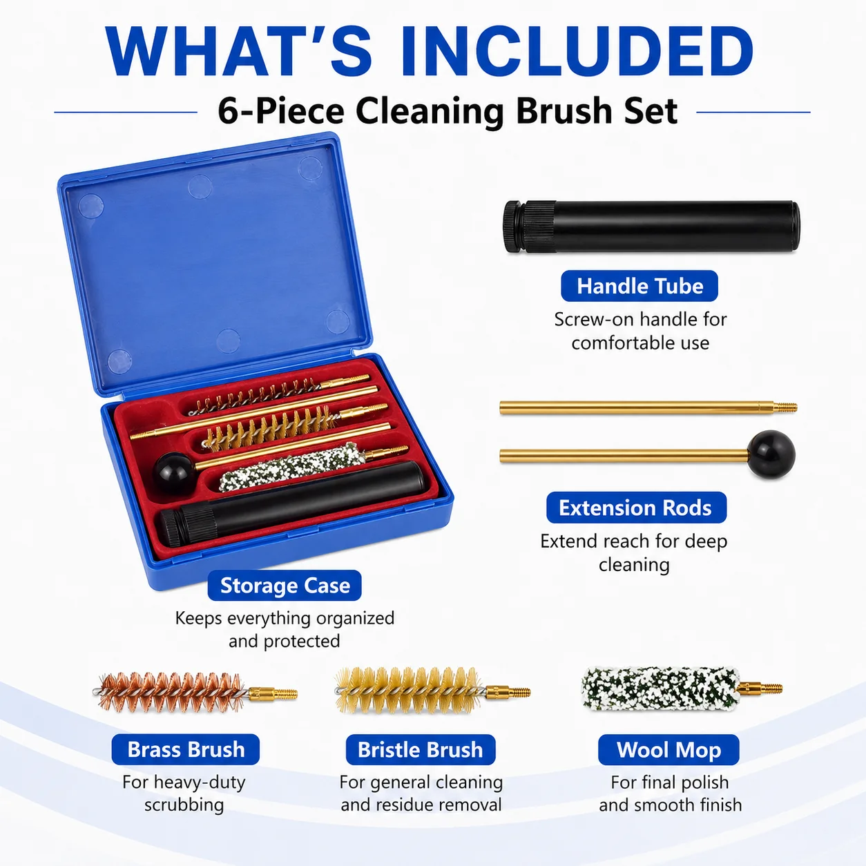 5-in-1 Bore Cleaning Brush Kit, 6-Piece Outdoor Hunting Shooting Cleaning Tool Set with Brushes, Rods, Handle and Storage Case