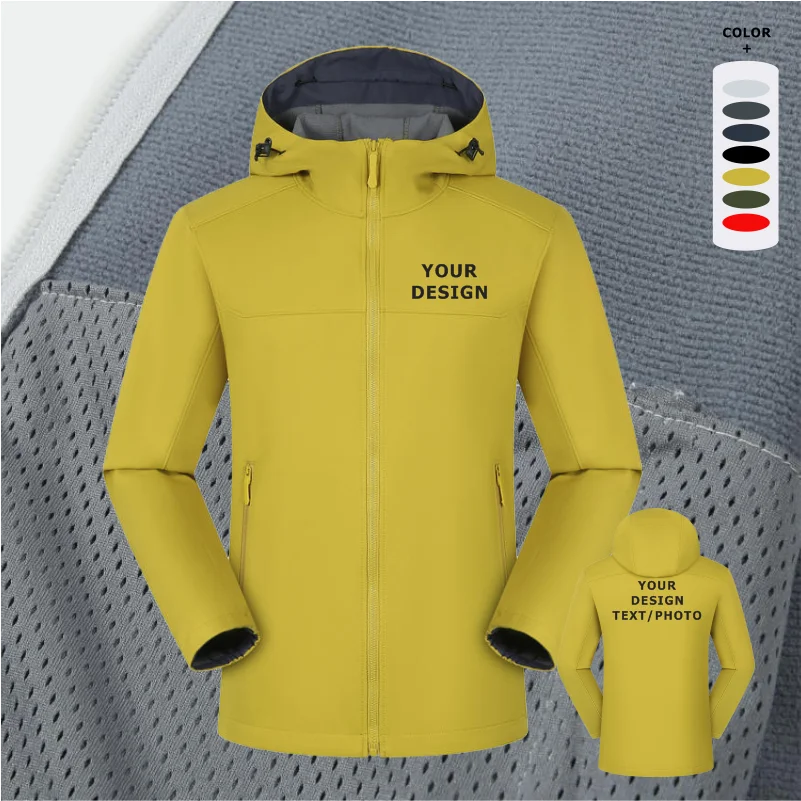 سترات ذات قشرة ناعمة للرجال والنساء سترة بغطاء للرأس سميكة مقاومة للرياح سترات بسحاب معاطف قابلة للتخصيص مطبوعة مطرزة نص خارجي