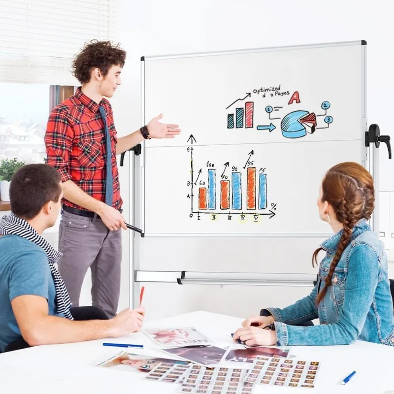 Quadro branco móvel dupla face, 48 x 36 polegadas, quadro branco de apagamento a seco com rolamento magnético sobre rodas com estrutura de alumínio e suporte
