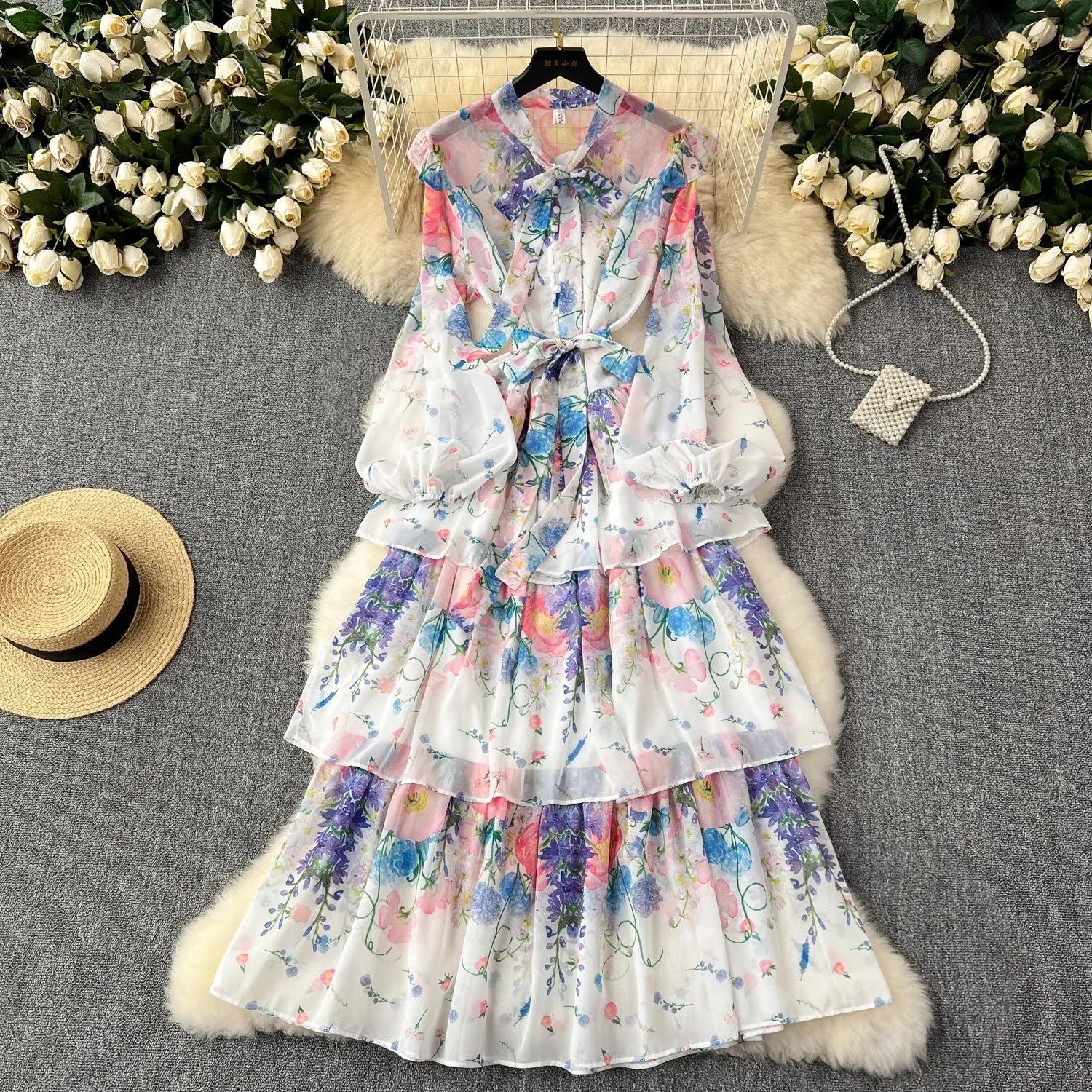 

Elegant French Sweet Summer Flower Print Holiday Dress Women Bow Tie Collar Cascading Ruffles Chiffon Sashes Boho Long Vestidos