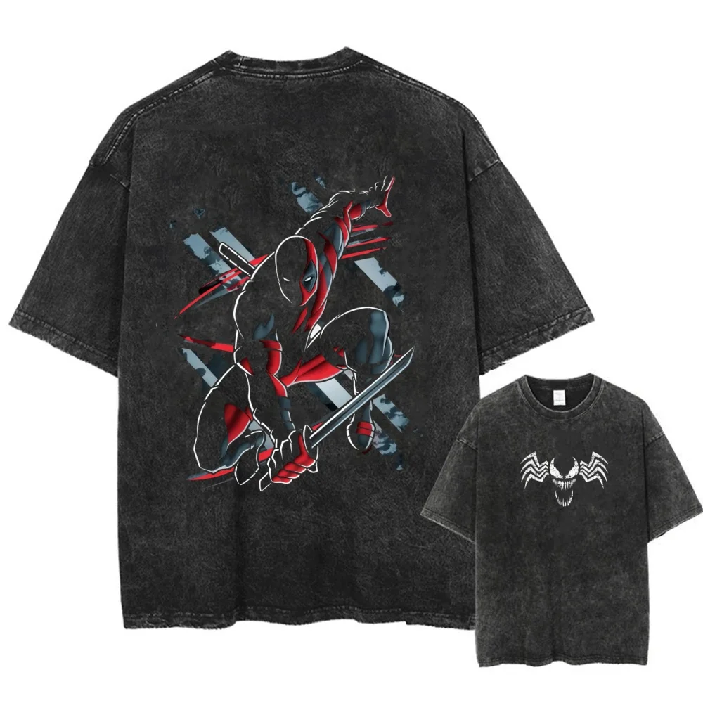 

2025 Hot Sale Men Washed Tshirt Fashion Vintage Marvel Deadpool Print Oversize T-Shirt Streetwear Hip Hop Harajuku Cotton Tees