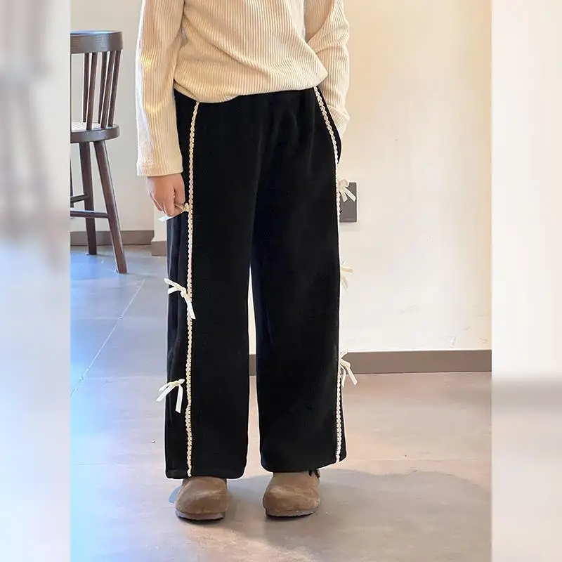 

Autumn and Winter Girls' Integrated Fleece Straight-leg Pants, Thickened for Warmth, Fashionable Wide-leg Long Pants