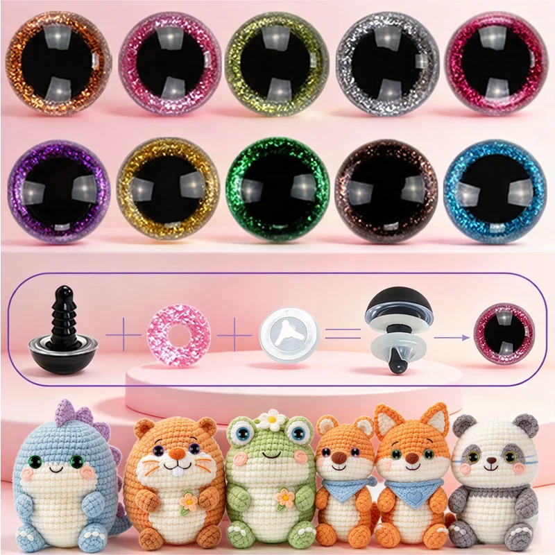 60 Pieces (20 Pieces of Eyes + 20 Pieces of Color Discs + 20 Pieces of Fasteners) Glitter Crystal Safety Eyes, Round Crochet Eyes, Doll Eyes, Large/Medium/Small Size Doll Eyes, Suitable for Plush Toys, Plush Doll Eye M