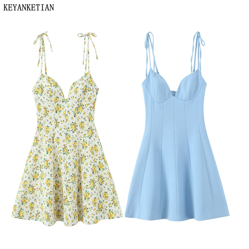 

KEYANKETIAN Summer New Women's Spaghetti Strap Bandage Mini Dress Holiday wind Slim Flower Print Back Zipper A Line Slip Dress