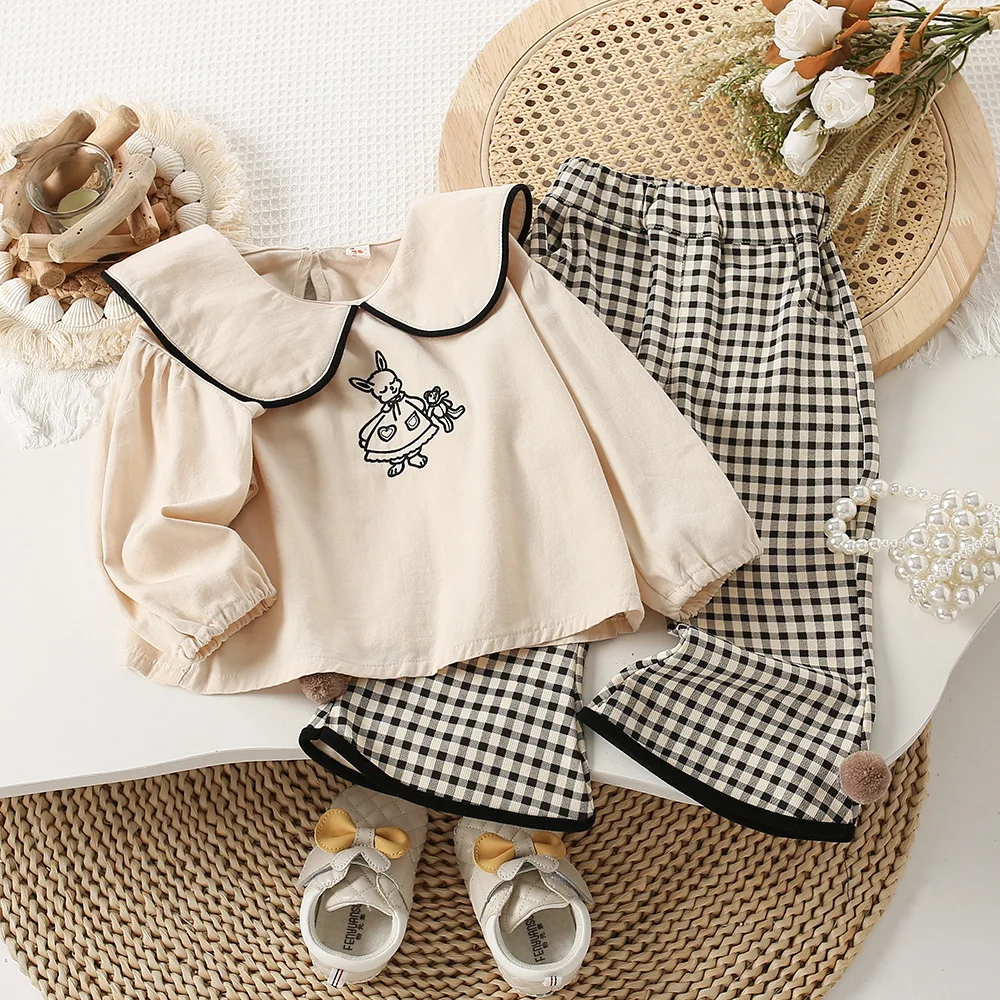 

Children's Clothing Sets Rabbit Print Turn-down Tops+Plaid Bell-bottoms 2pcs Kids Girls Clothes Set 2 To 6 Years Baby Outfit Set