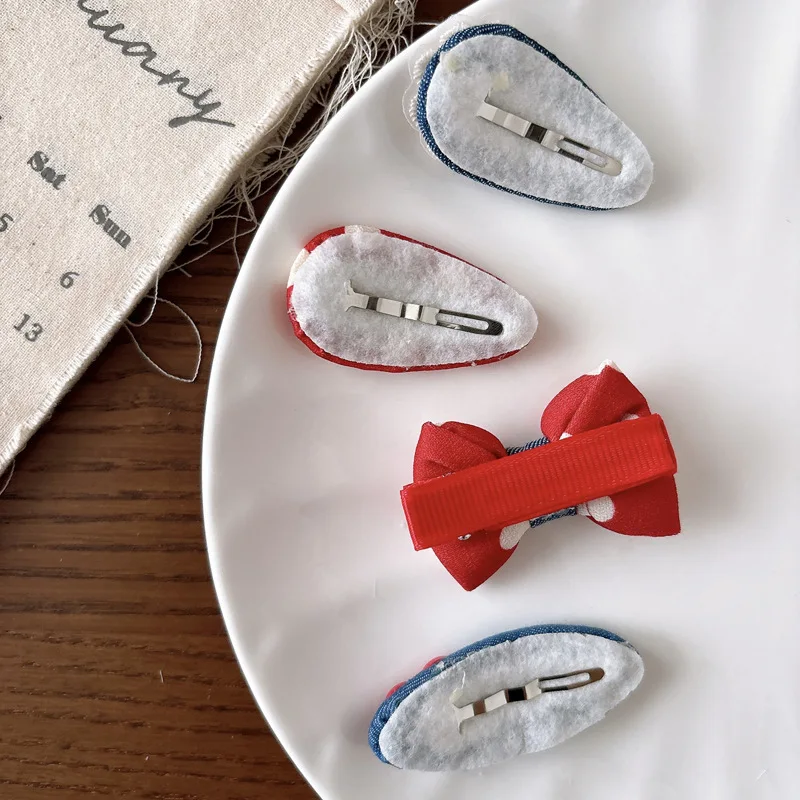 

Sweet vintage red polka dot children's bangs BB hair clip, versatile denim embroidered side hairpin for girls