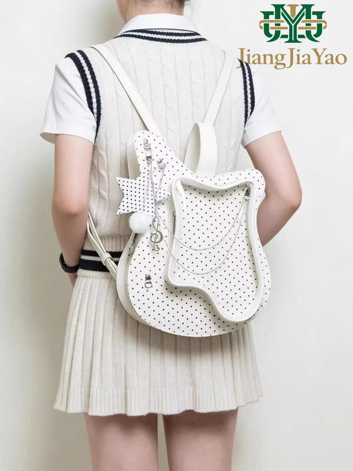 

Original Guitar Shaped Pain Pack Creative White Polka Dot Sweet Cool Backpack Star Chain Schoolbag Sweet Notes Crossbody Bag