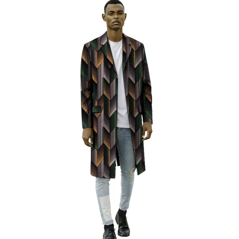 

Original Design Men's Trench Coat African Print Long Blazers Traditional Fashion Male Windbreaker Party Wear