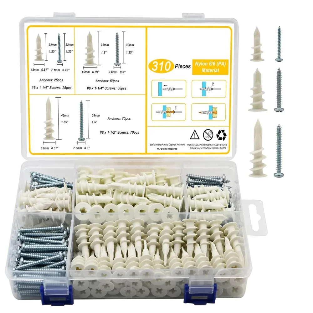 

310pcs Gypsum Board Screws Self Drilling Ribbed Drywall Wall Anchors with Screws Kit Wall Plug Anchor Expansion Bolt Pipe Column