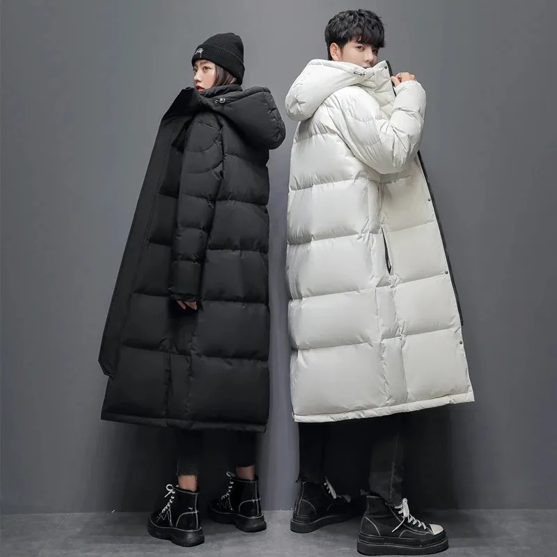 Winter Long White Down Jackets Men Women Hooded Thick Warm Over-the-Knee Puffer Jacket Man Overcoats Couple Padded Down Coat