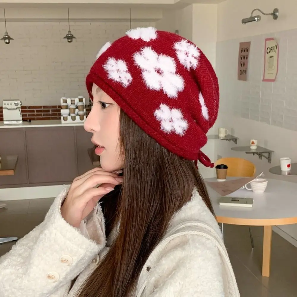Floral Jacquard Knit Slouchy Beanie Hat Polyester Fits 56cm-58cm Cozy Skull Cap Adjustable Drawstring Warm Lined