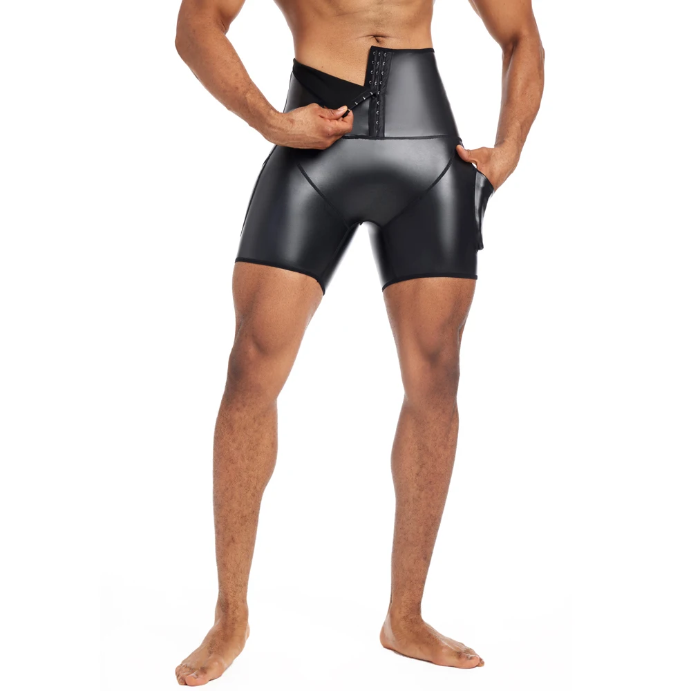 Legal menino estiramento calças de couro falso corpo shaper cintura trainer cintura alta abdômen 3 ganchos compressão shorts de couro com bolsos