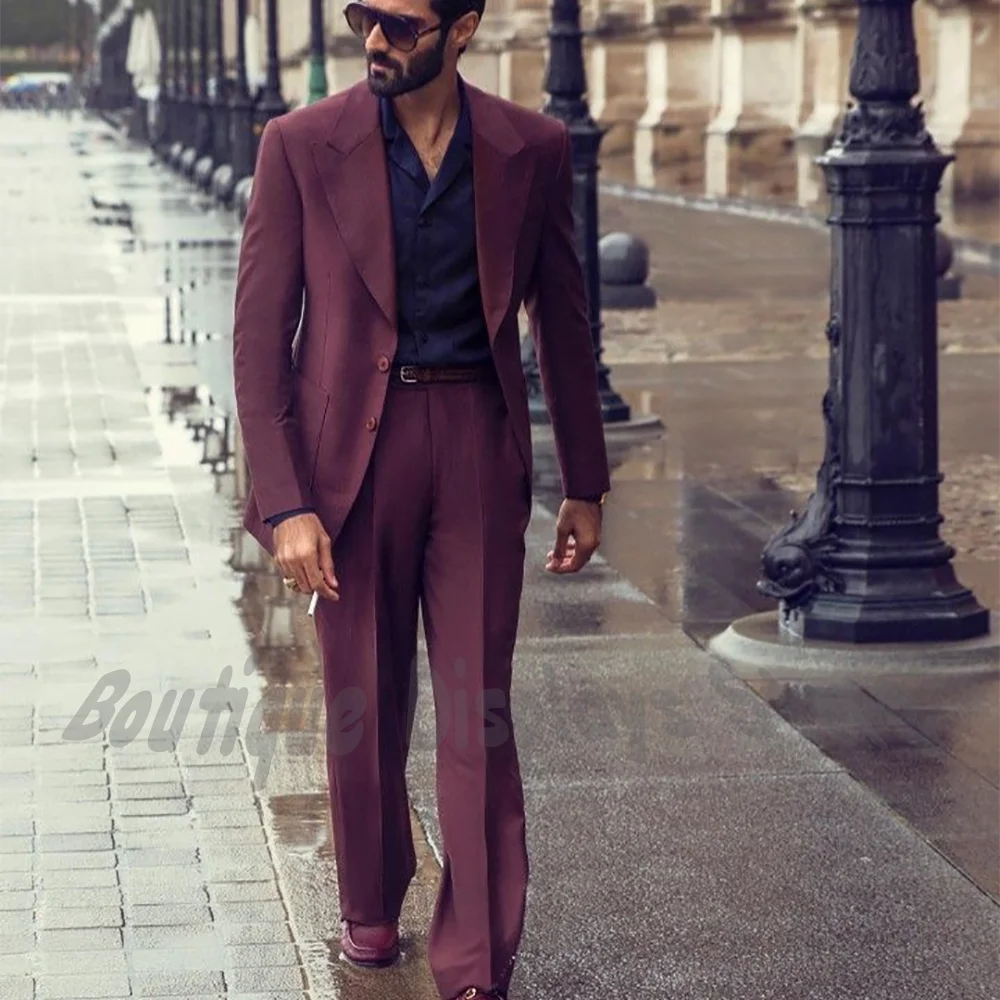 

Men's Burgundy Wide Leg Suit 2 Piece Peak Lapel Single Breasted Blazer Trouser Formal Business Evening Party Tailored Fit Outfit