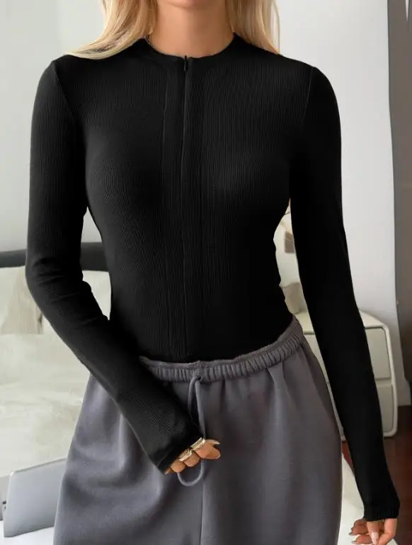 

Women's T-Shirt Spring and Autumn New Fashion Yoga Sports Style Solid Color Simple Round Neck Zipper Front Knitted Top