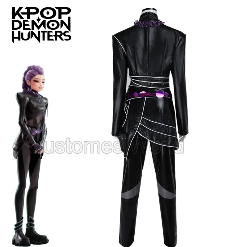 أنيمي فيلم Kpop شيطان الصيادين رومي تأثيري حلي جلدية سوداء معركة البدلة الكبار النساء الرجال معطف السراويل حزام قفازات هالوين #3