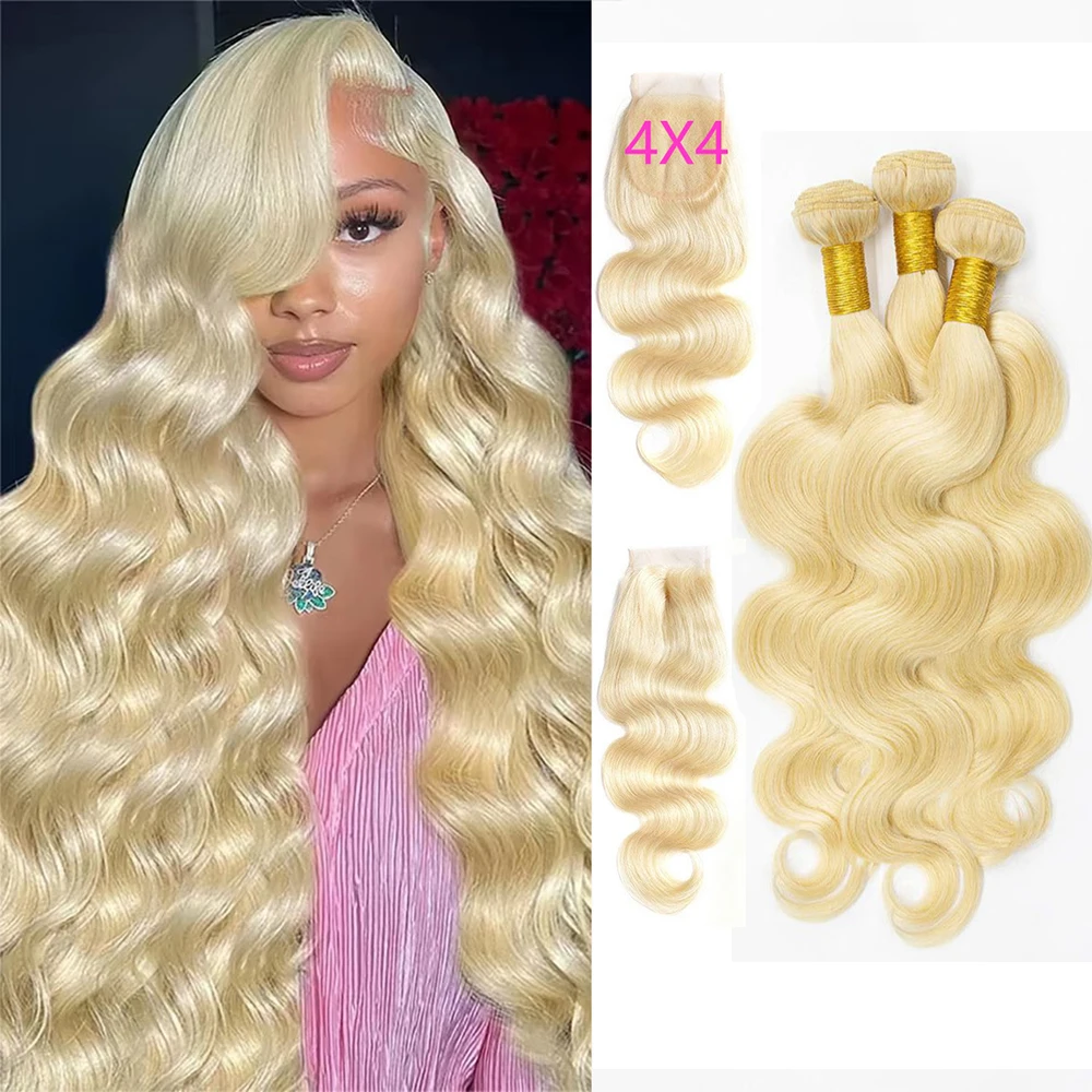 

4X4 Blonde 613 Hd Lace Frontal Closure With 30 40 Inch Body Wave Human Hair Bundles 100% Brazilian Raw Hair Weave Extensions