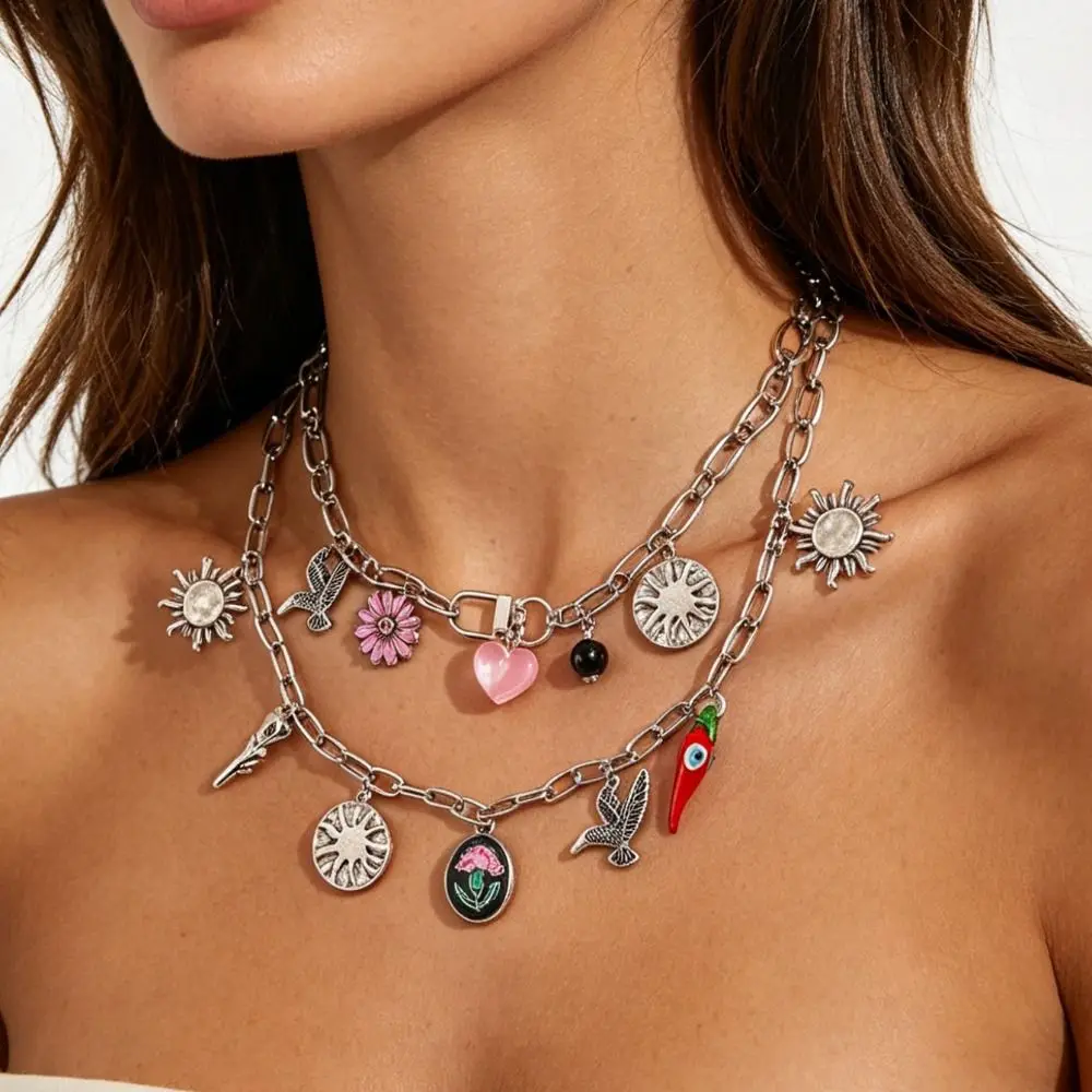 Metal Chain Enamel Necklace Multilayer Stacked Flying Bird Flower Pendant Necklace Gold Exaggerated Bohemian Collarbone Chain