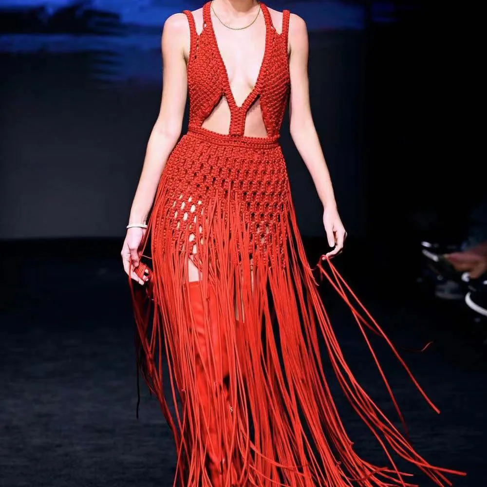 Beachapche Women Sexy Tassels Long Dress Celebrate Macrame Dress Beach Vacation Party Dress High Qualit