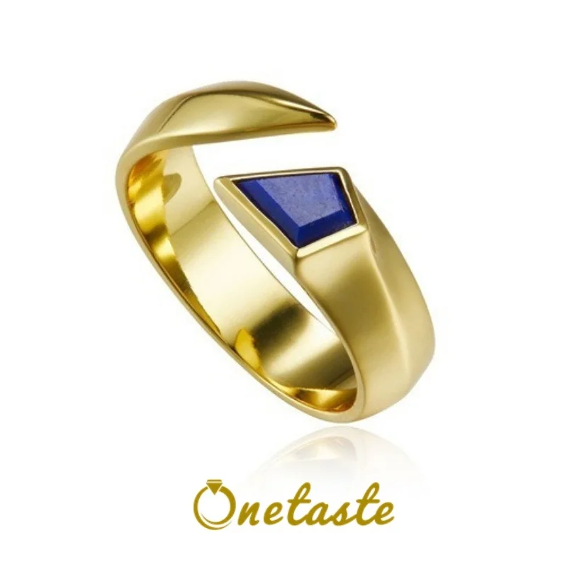 Simple Lapis Lazuli Diamond Shaped 925 Silver Open Rings For Women Gold Plated Natural Stone Geometric Adjustment Ring 2023 New