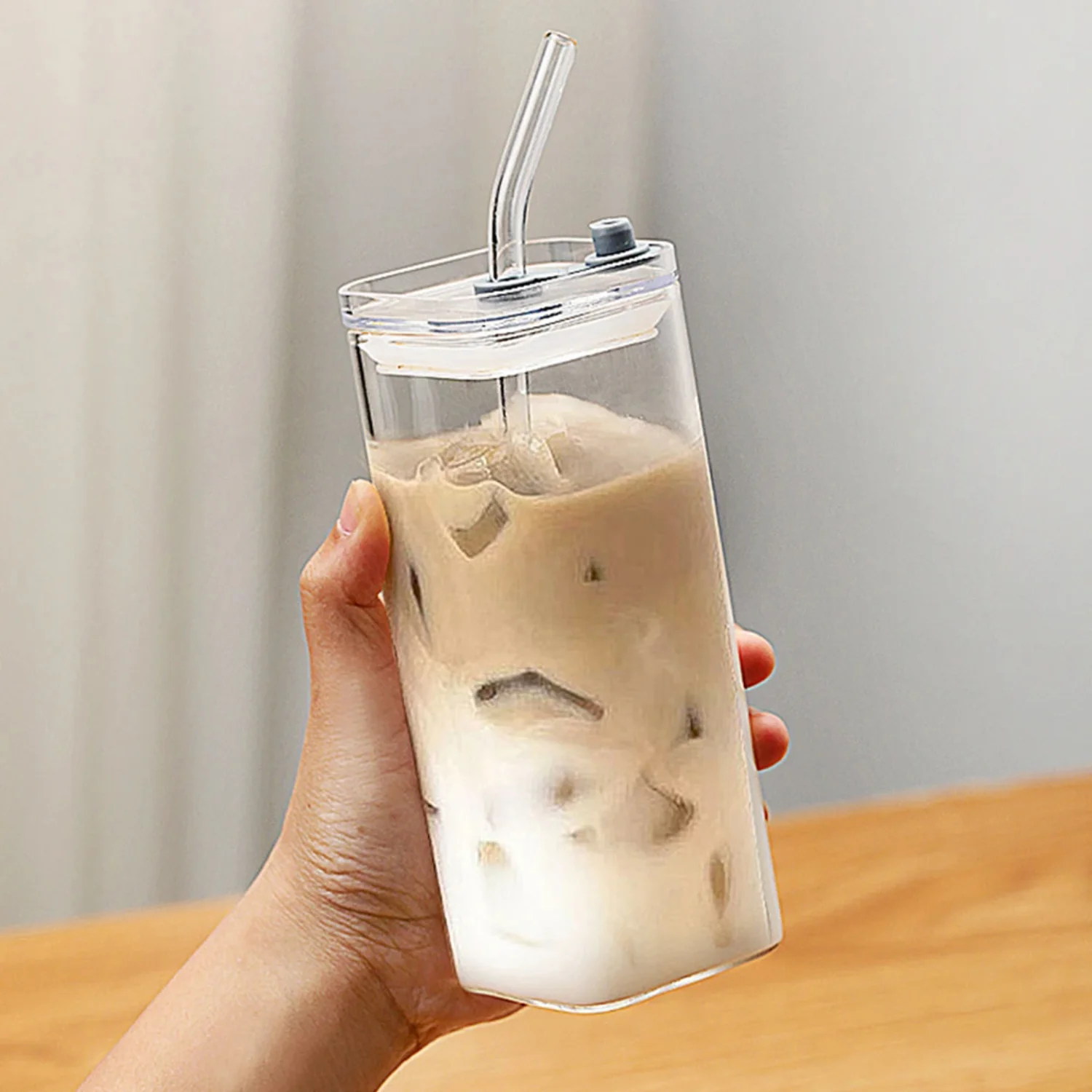 350ml Square Coffee Glass Cup With Lid and Straw Heat Resistant Ice Coffee Mug Breakfast Milk Cup Transparent Beer Cup Drinkware