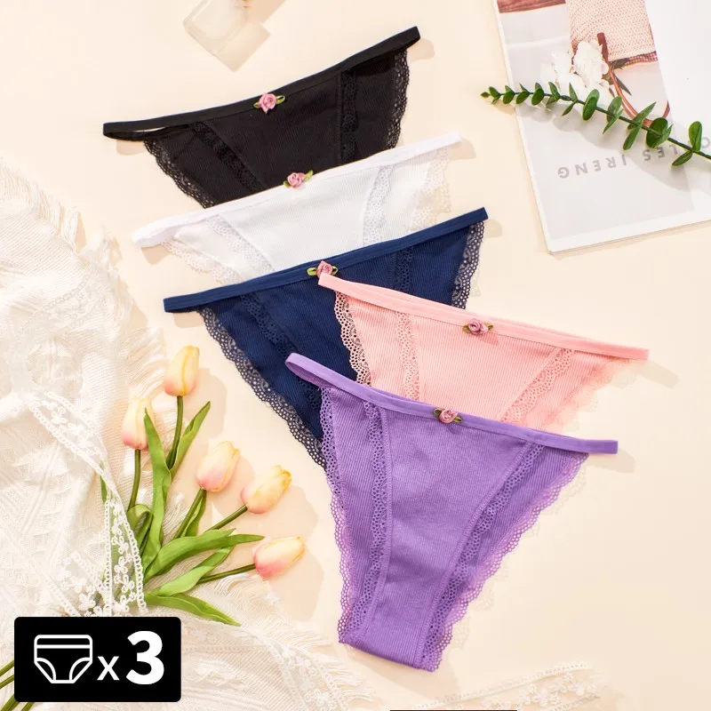 3PCS Sexy Thongs Bikini Panties Cotton Women Lace Lingerie G-string Low Waist Briefs Women Underwear Ladies T-Back Thong Tangas