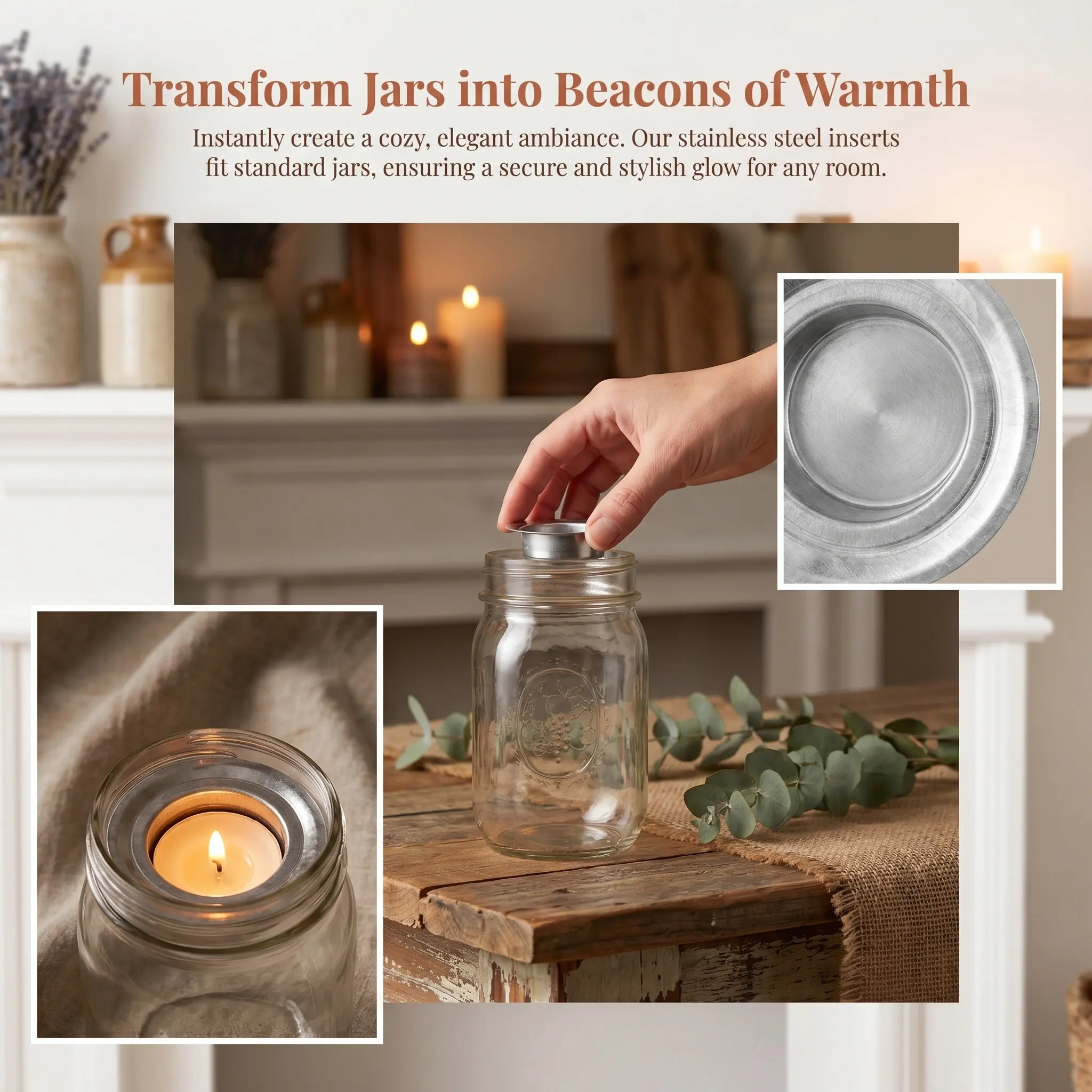 10Pcs Stainless Steel Jar Lid Inserts Regular Mouth Jar Holder Topper for Tea Lights Stylish Indoor Decorative