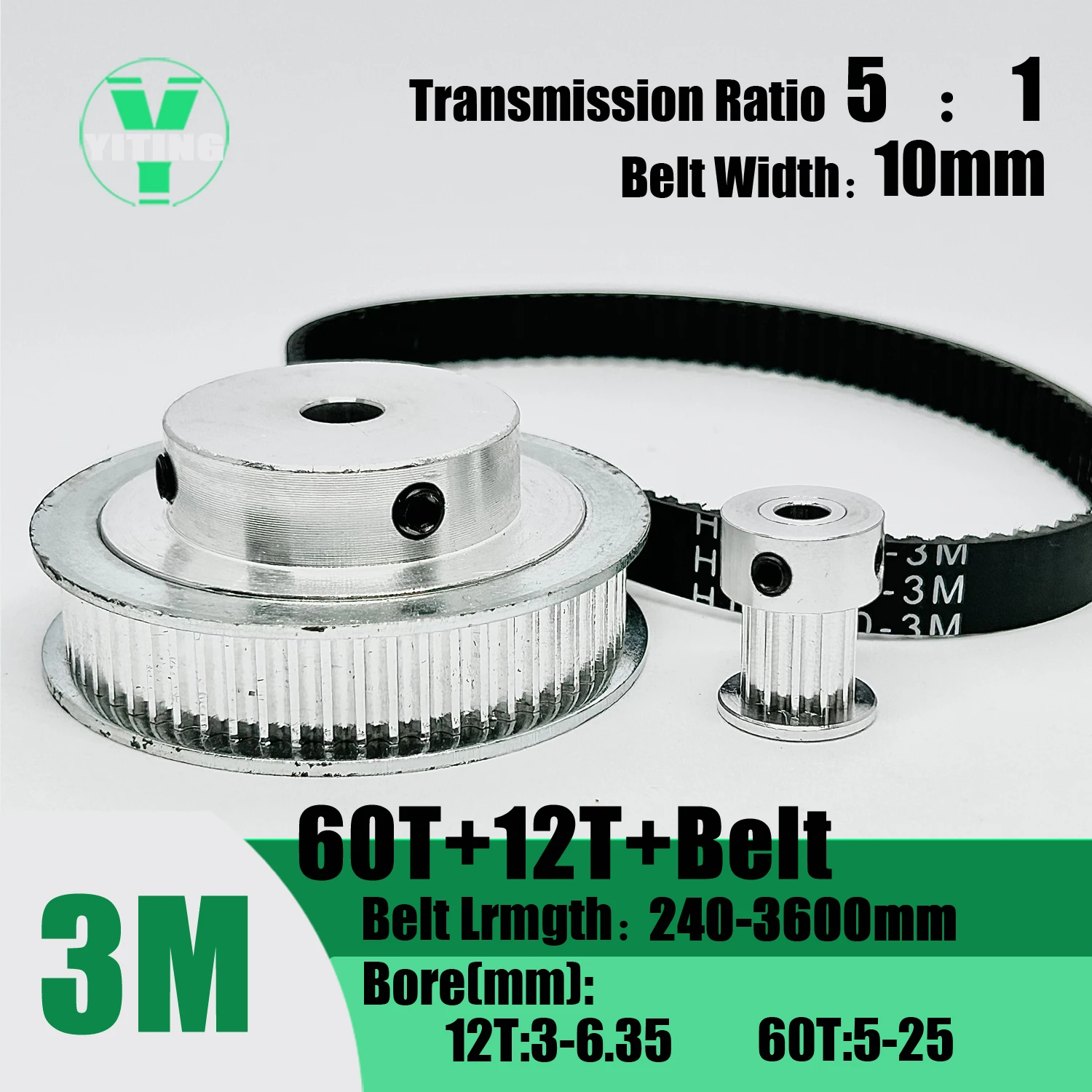 HTD 3M 12T 60Teeth 60T 12Teeth Timing Pulley Belt Set Belt Width 10mm Bore 3~25mm Reduction 5:1 3M Pulley Kit Synchronous Wheel