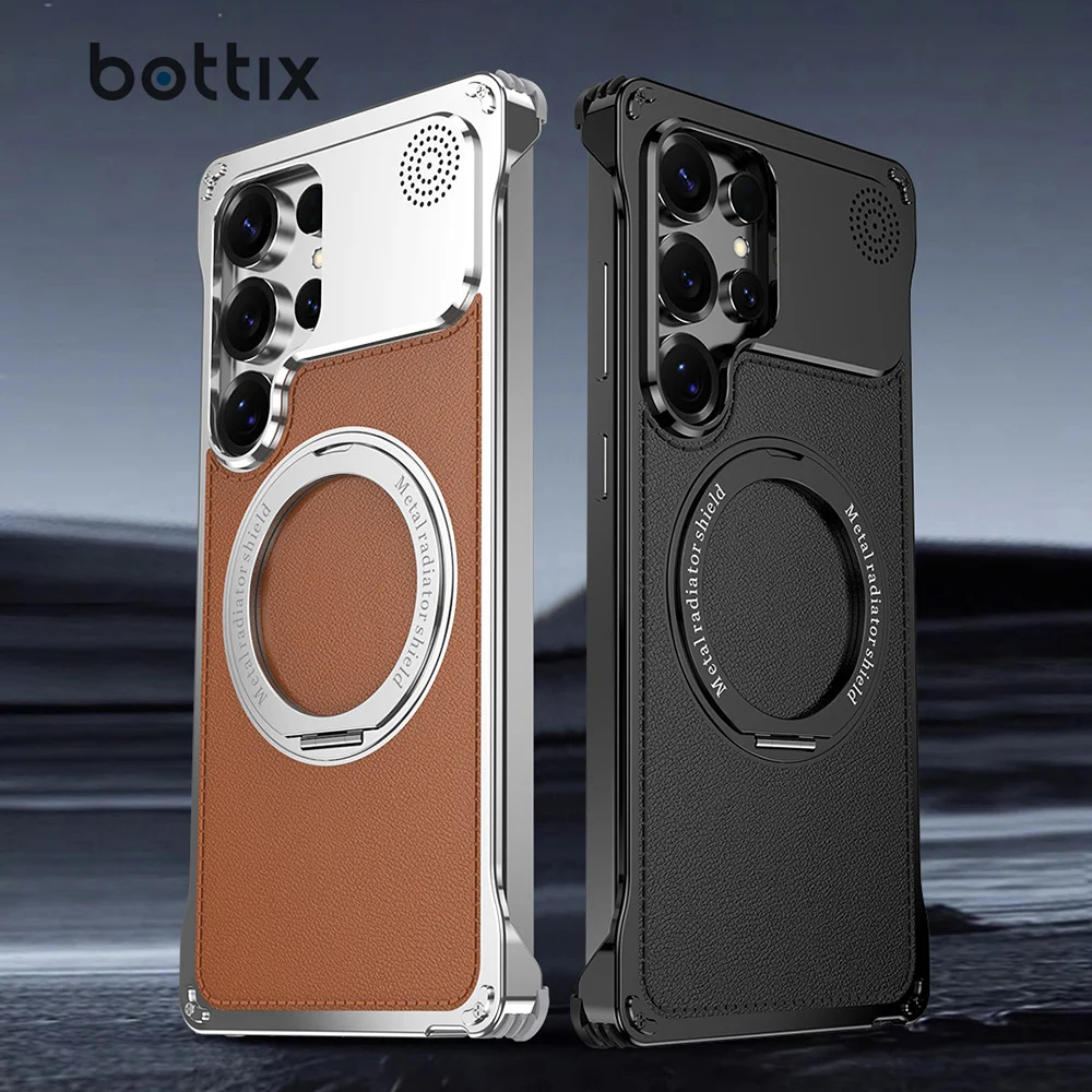 

Luxury Leather Phone Case for Samsung Galaxy S25 Ultra with 360° Ring Stand Holder S25 Frameless Metal Cover Protective Skin