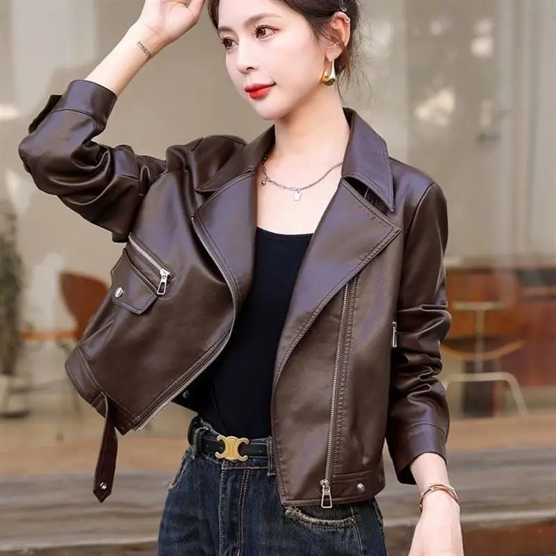 

Casual Style Women's Short PU Leather Jacket Biker Coat Spring Autumn New Arrival Fashion Small Size Notched Lapel Zipper