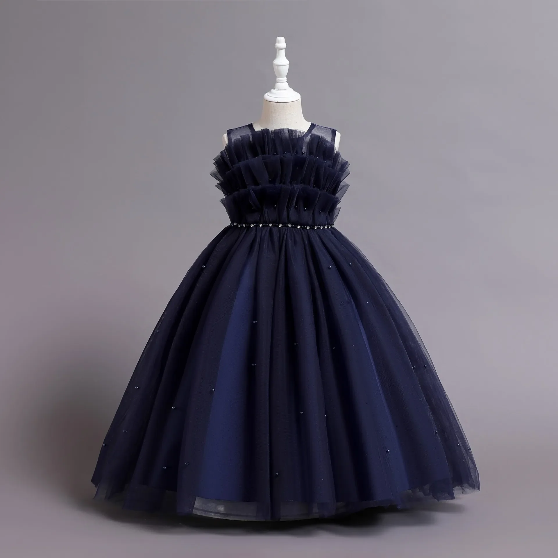 Robe de princesse longue avec ceinture en perles pour filles, robe de soirée, robe de Rh, olympiques élégants, vêtements pour enfants, fête de Noël, mariage, 3 à 12 ans