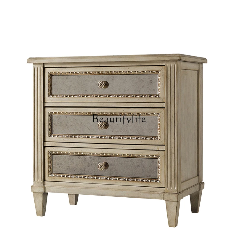 

American solid wood carving flower antique glass bedside table French retro old storage cabinet