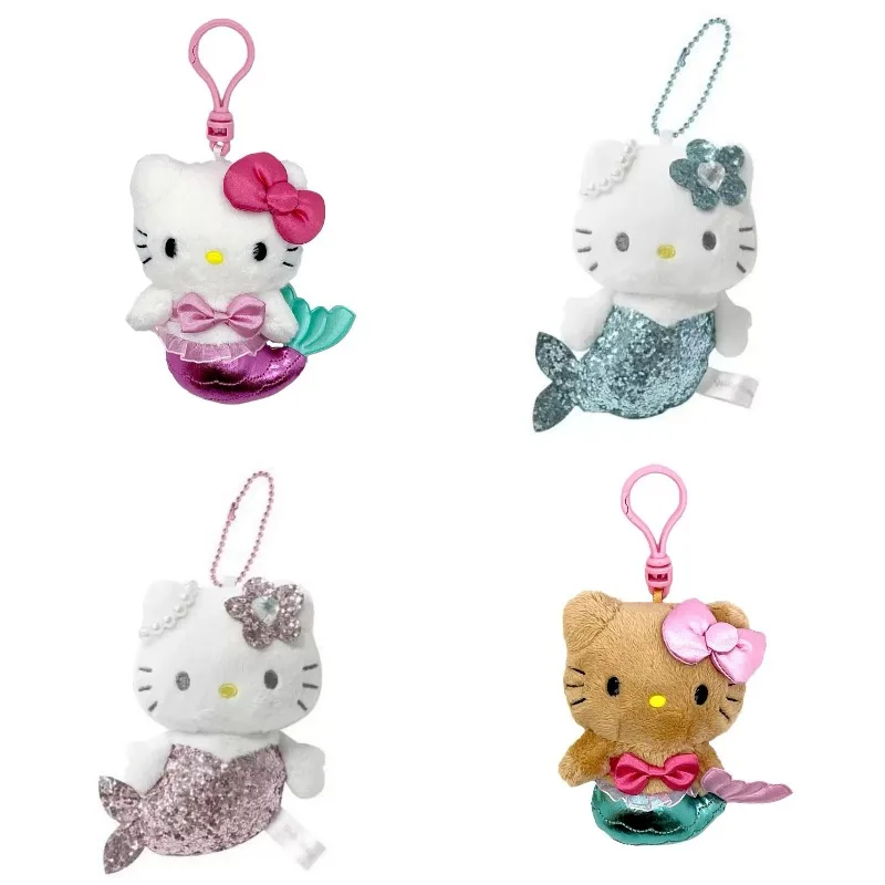 Sanrio Shiny Mermaid Hello Kitty Plush doll Keychains blink pink Kitty cat toy Pendant Anime Cartoon Mermaid Plushie Key ring