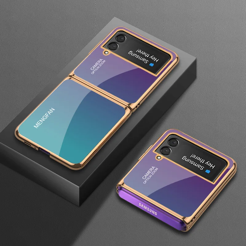 Vintage Blue Gradient Glass Case for Samsung Z Flip4 Case Flip3 Elegant Plating Shockproof Shell for Galaxy Z Flip 3 Case