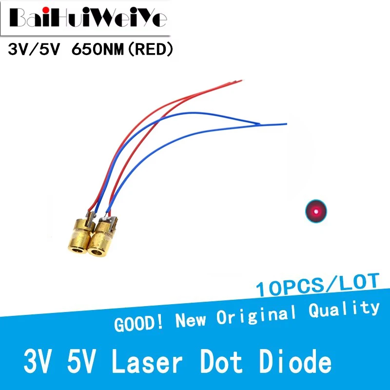 10PCS 5V 3V 650nm 5mW Red Point Adjustable Laser Dot Diode Module Red Sight Copper Head Mini Laser Pointer 6MM 5Million Watt