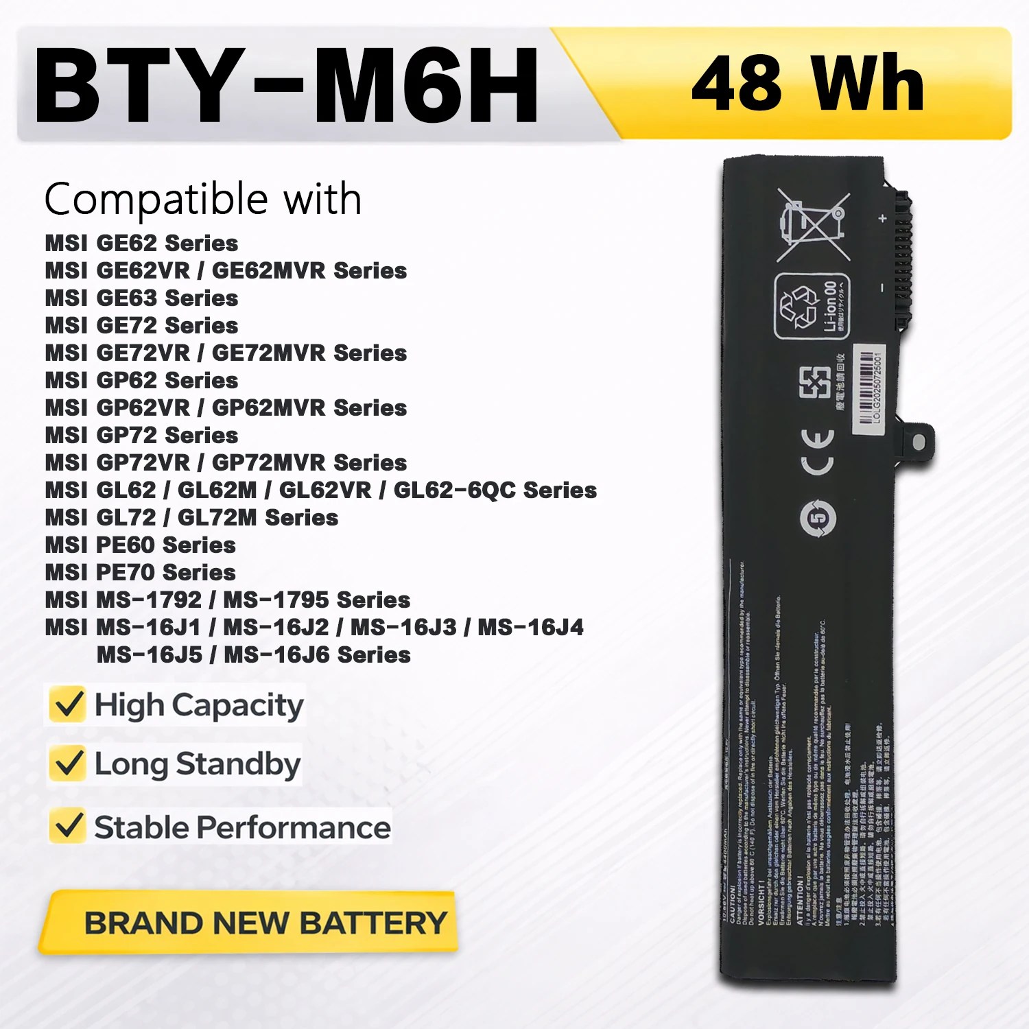 PowerHub BTY-M6H 11.1V 48Wh Laptop Battery for MSI GE62 GE72 GP62 GP72 GL62 GL72 PE60 PE70 MS-16J1 MS-16J2 3ICR19/65-2 4400mAh