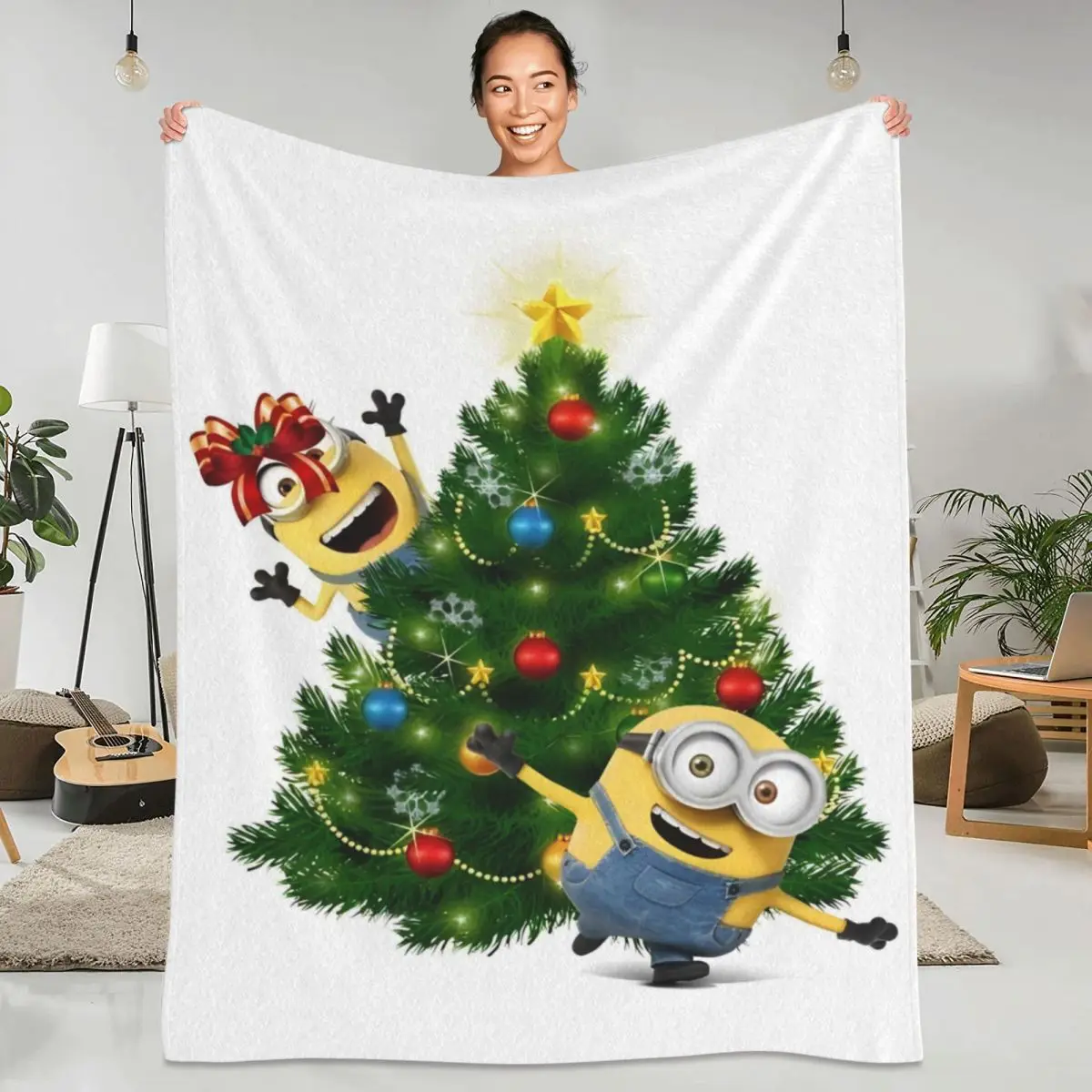 Christmas Cute Minions Cartoon Blanket Quality Super Soft Yellow Big Eyes Throw Blanket Winter Picnic Outdoor Print Bedspread