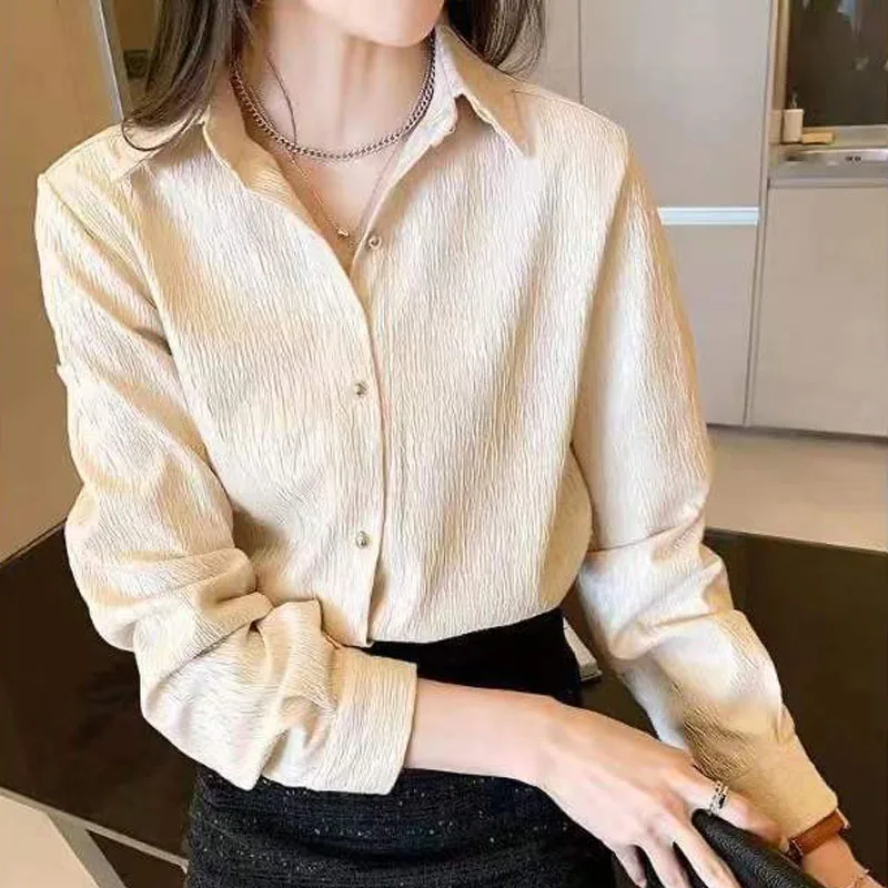 Spring Autumn New Women\'s Commute Solid Single-breasted Shirt Elegant Stylish Polo-Neck Vintage Long Sleeve Blouse for Female