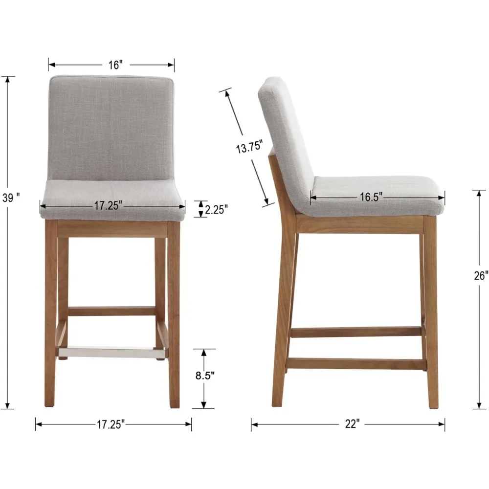 26 Inch Counter Height Bar Stools Set of 2, Upholstered Stools for Kitchen Counter with Back Support Rustic Wooden