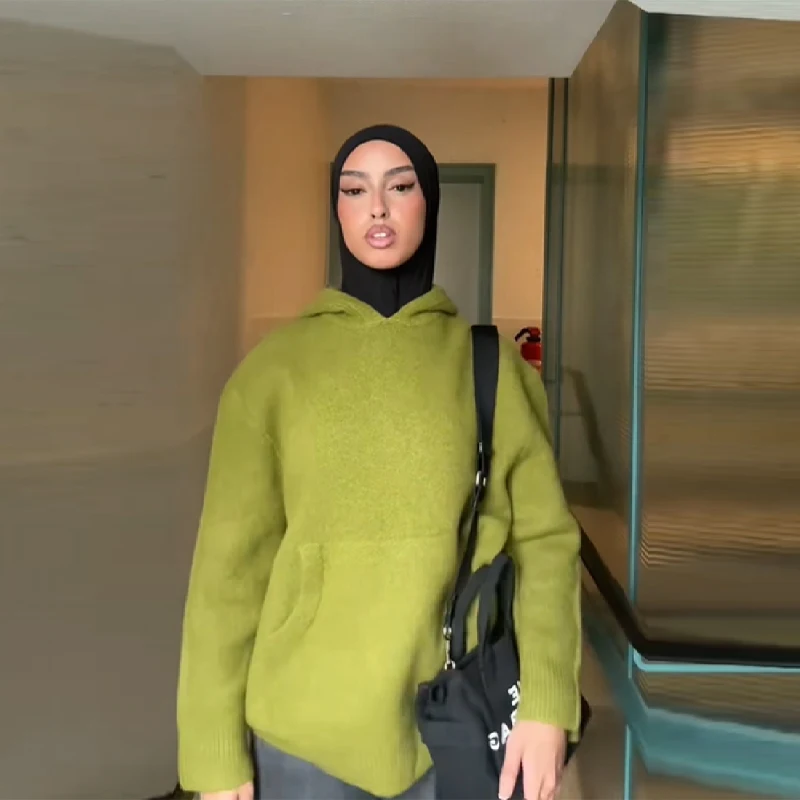 

Casual Knitted Women's Sweater Solid Hooded Loose Big Pocket Pullover Slouchy Oversize Top 2025 Autumn Winter Lady Warm Outwear