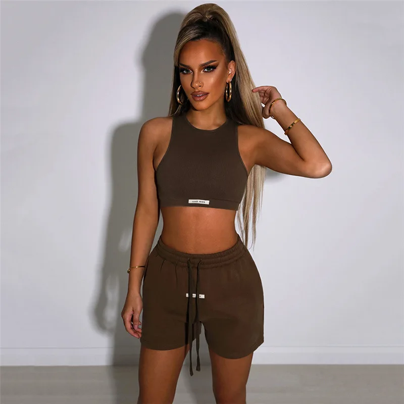 Sporty Solid Letter Two Piece Set Women Ribbed Skinny Tank Tops+ Loose Casual Bandage Shorts Matching Female Tracksuit