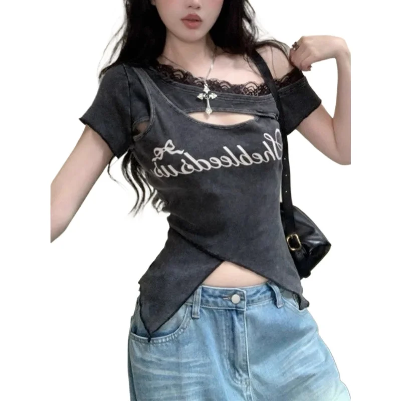 

Корейский дизайн Sense Niche Sweet Babes с кружевными краями, старая футболка с короткими рукавами, летний топ с принтом алфавита, футболки Ins