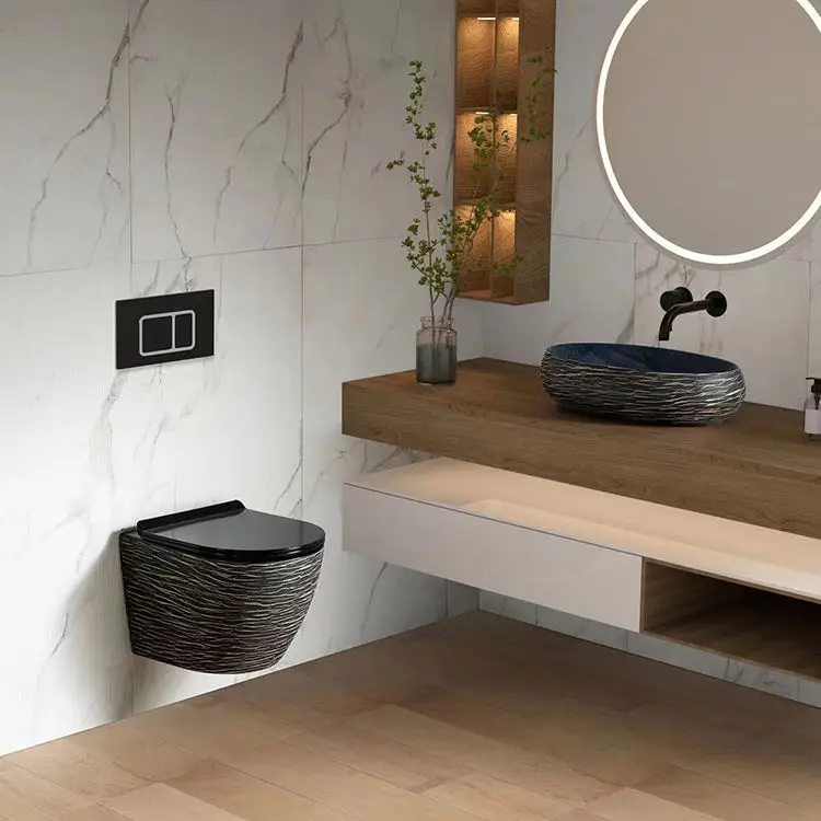 Marble Sanitary Ware P-type Trap Ceramic Wall-mounted Toilet Luxurious Black Wall-mounted Toilet
