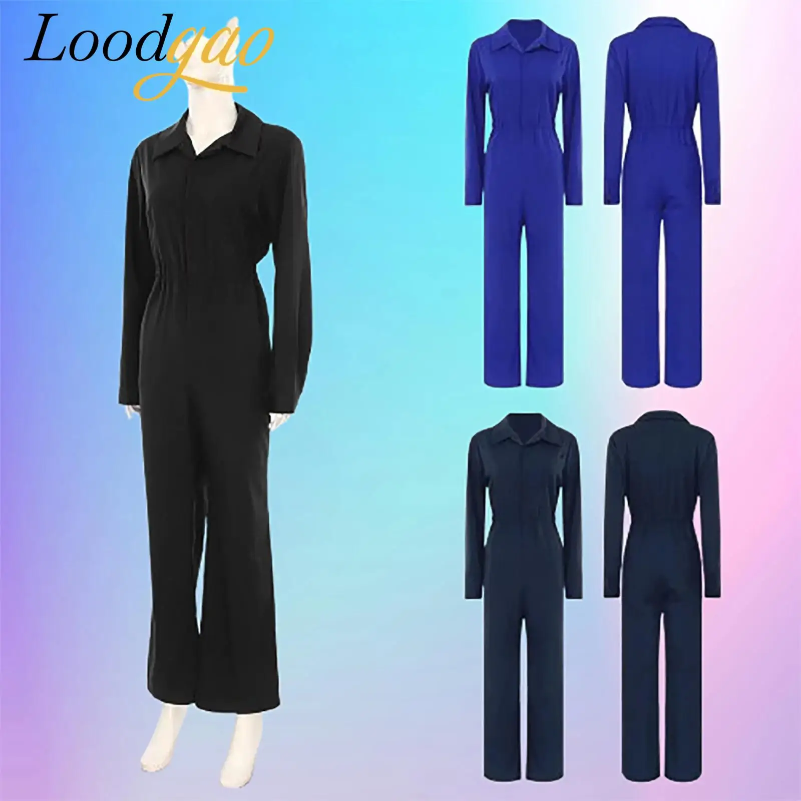 

Fashion Womens Casual Jumpsuit Coverall Solid Color Long Sleeve Turn-Down Collar Button Flap Romper Work Travel Holiday Homewear