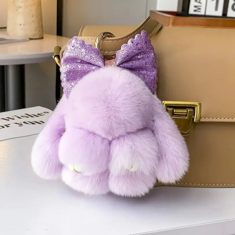 Cute Bunny Plush Keychain Fluffy Soft Bowknot Rabbit Bag Charm Cotton Stuffed Doll Pendant Girls Women Backpack Trinkets