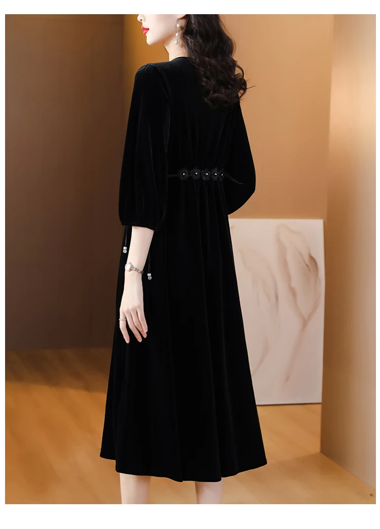 2023 Autumn New Black Silk Gold Velvet Bubble Sleeves Dress with Waist Wrapped to Show Thin V-Neck Knee Length A-line Dress Robe