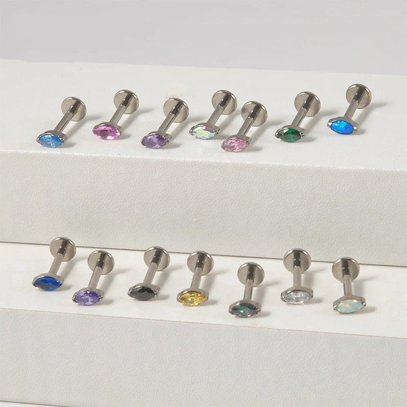 Brinco de cartilagem g23 de titânio, 2 peças, 16g, zircônia, olhos de cavalo coloridos, hélice, lóbulo, rook, labret, nariz, joia de piercing